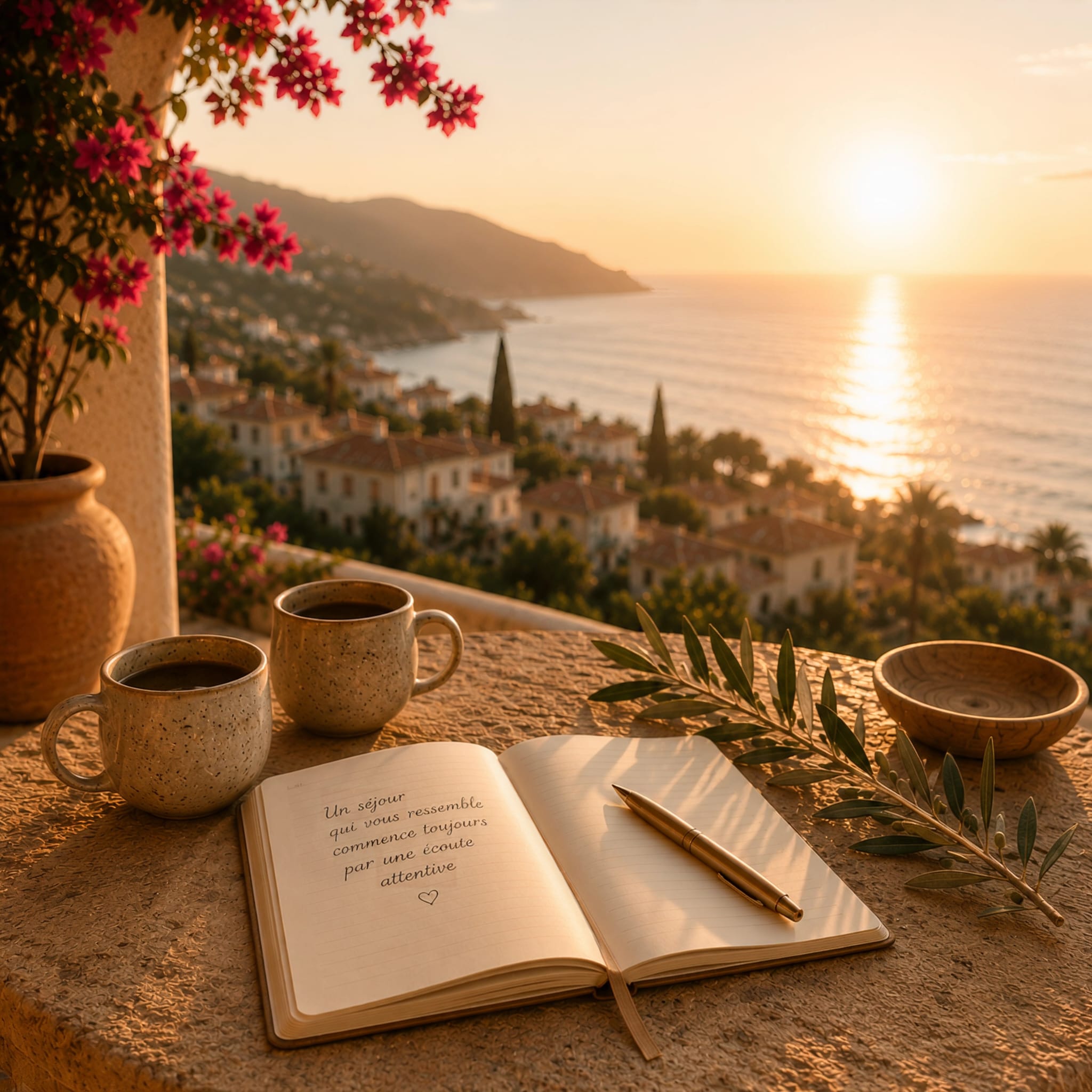 Carnet de voyage et deux cafés sur une terrasse face à la baie, préparation d’une visite privée à Málaga