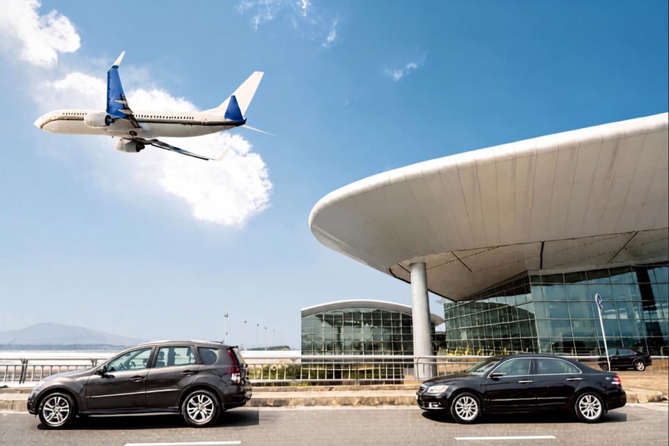 Avion au décollage et voitures devant le terminal de l’aéroport de Málaga