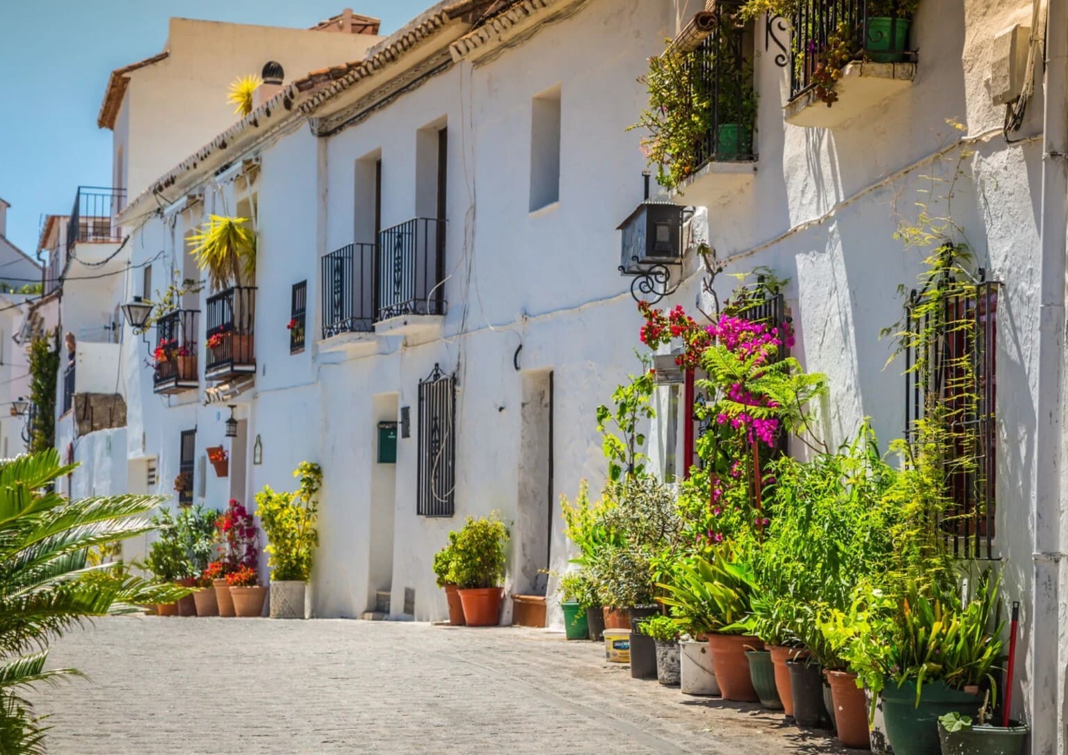 Ruelle fleurie aux maisons blanches et pots de fleurs, centre historique d’Estepona